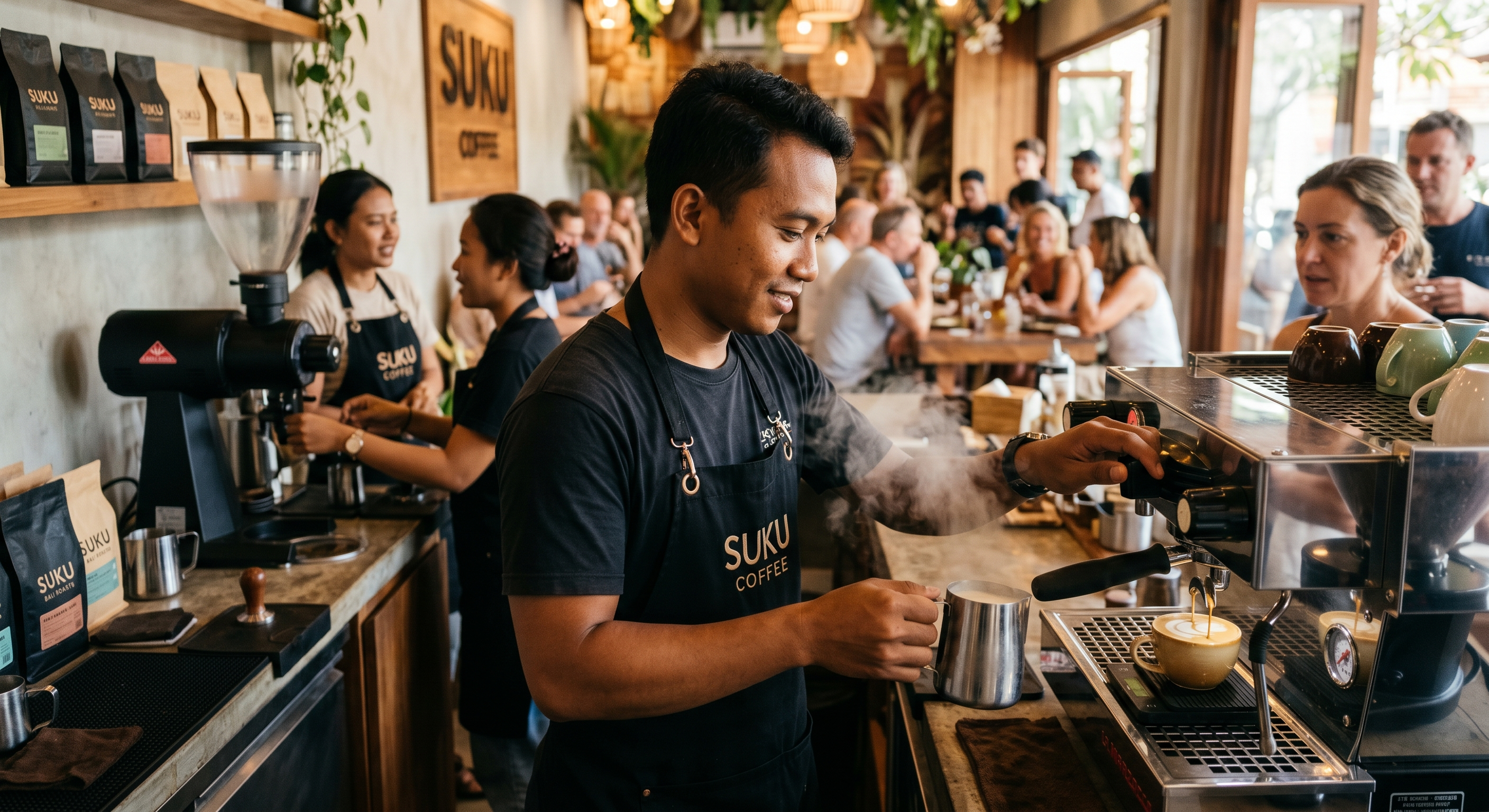 Busy Bali cafe with expat guests