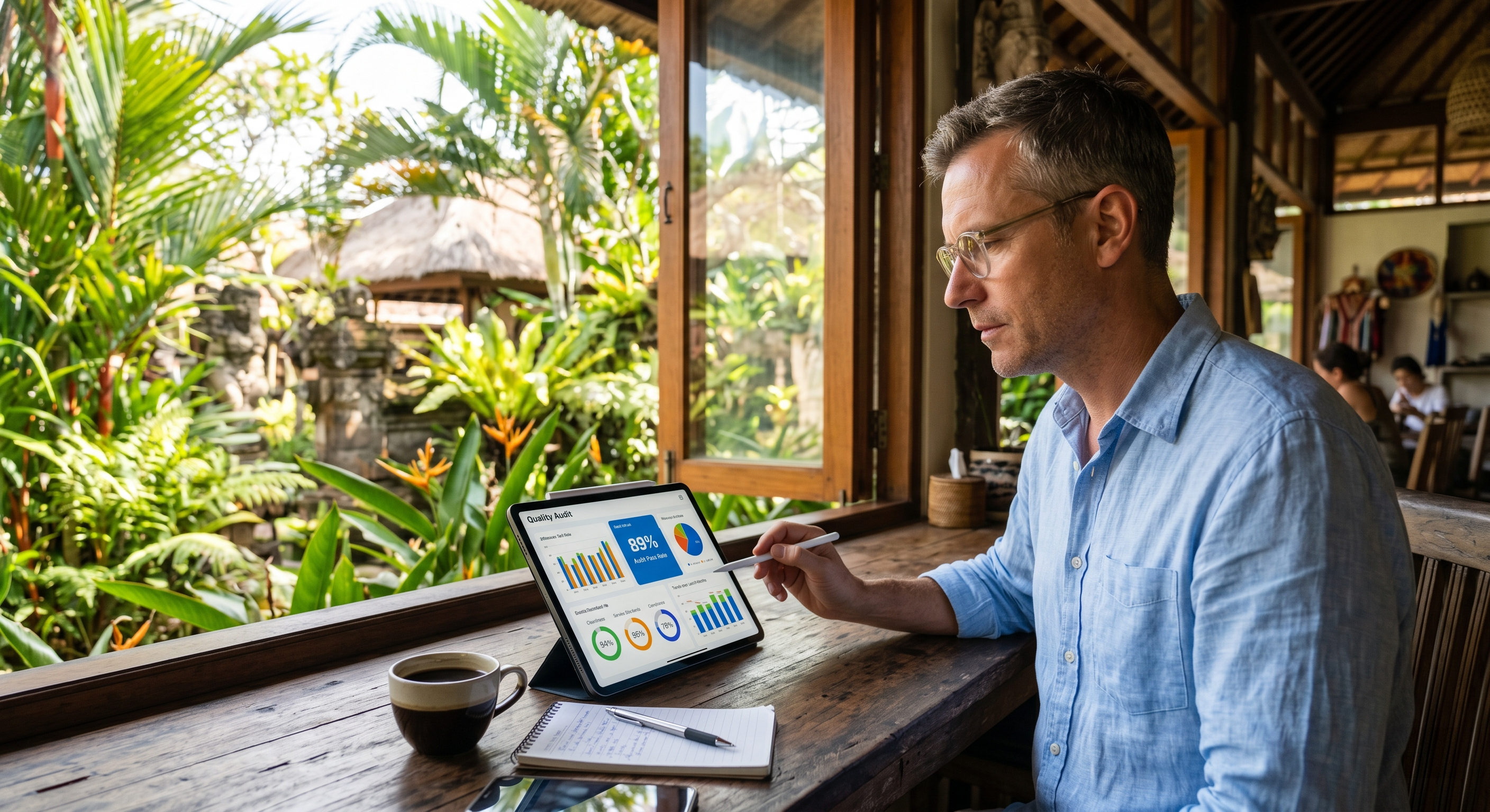 Business owner reviewing mystery shopping report in Bali